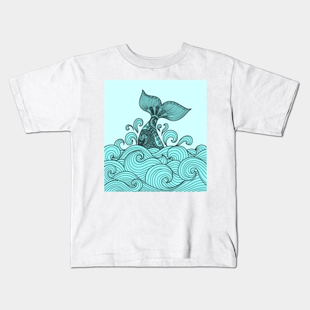 Blue Wale On Wave Art Kids T-Shirt by ARTADRIAN